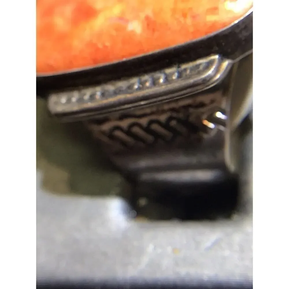 Orange Turquoise/Hematite Ring Sz12 Large Rectangle Stone Silver 925 Gorgeous